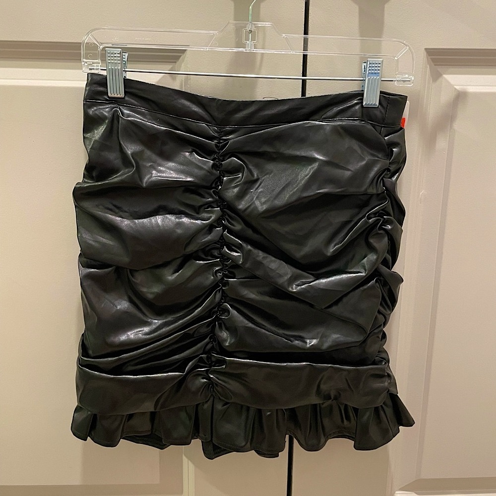 Black Ruched Faux Leather Mini Skirt